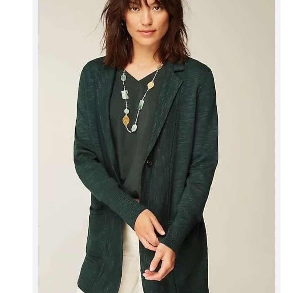 J Jill Petite M Green Marled Textured Knit Blazer Cardigan Jacket Button Pockets